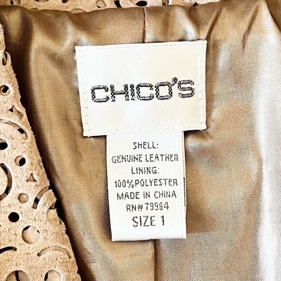 CHICO’S Light Brown Leather Perforated Jacket / Blazer, Chico’s Sz 1 (M / 8) - Picture 9 of 10